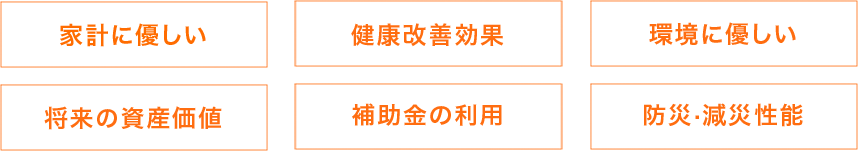 家計に優しい 健康改善効果 環境に優しい 将来の資産価値 補助金の利用 防災·減災性能