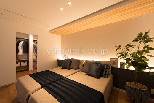 ［兵庫県尼崎市:モデルハウス]尼崎住宅展示場／ダブル断熱／全館空調／主寝室／間接照明／ウォークインクローゼット