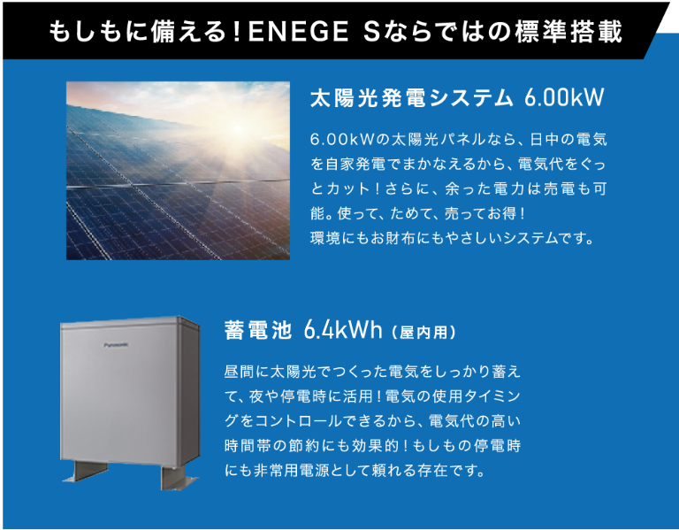 もしもに備える！ENEGE Sならではの標準搭載。太陽光発電システム、蓄電池（屋内用）