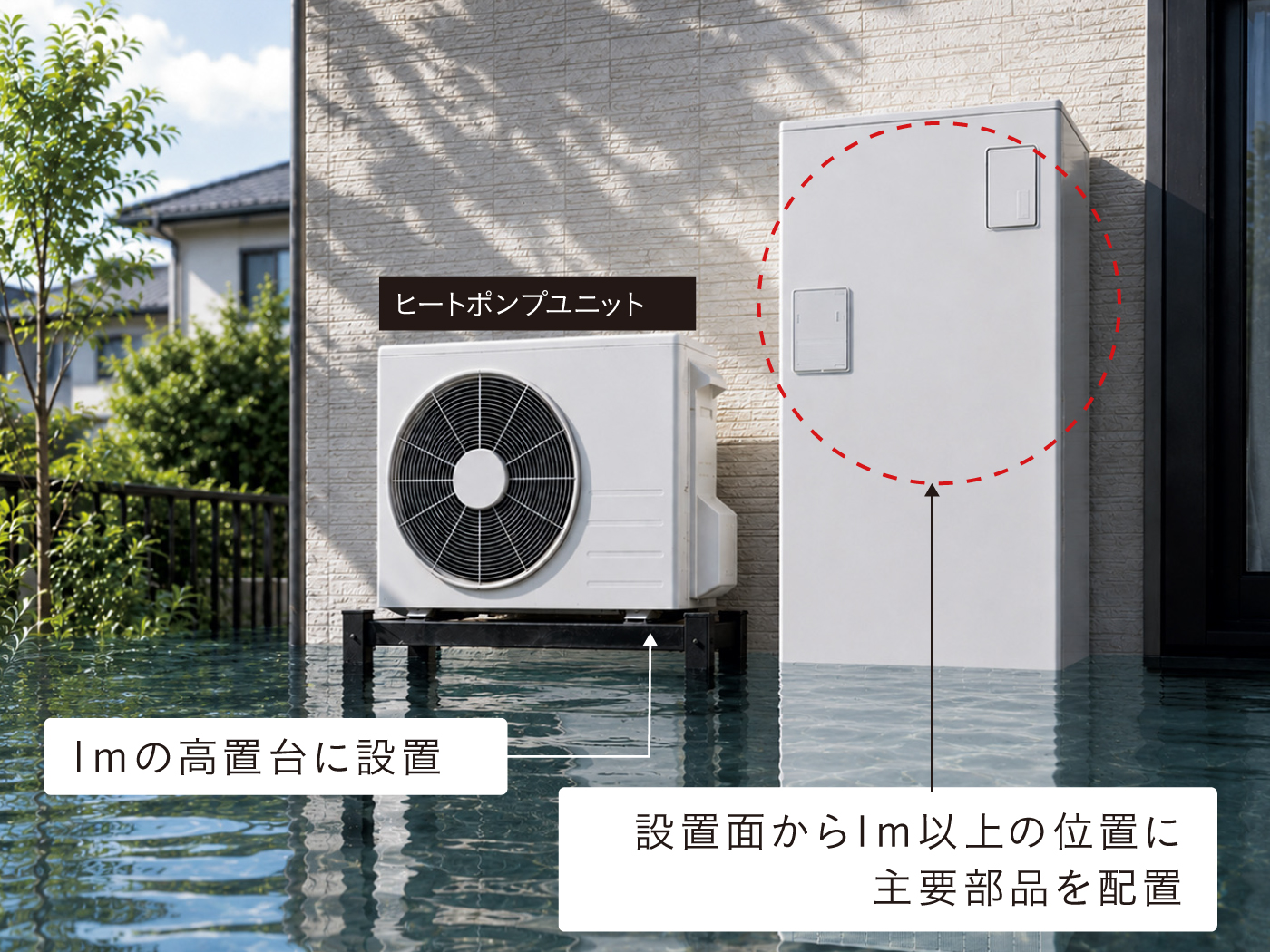地盤面より1m以上高い架台に設置されたエコキュートの図