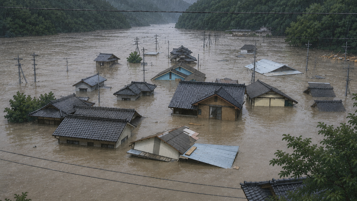 豪雨により広い範囲が浸水した住宅地の様子